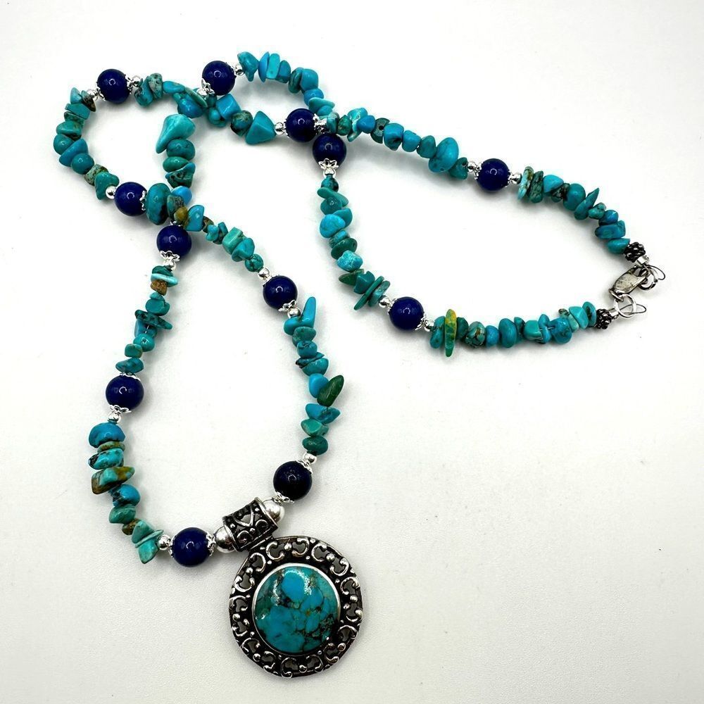 23" Turquoise pendant and chip, lapis lazuli and solid sterling silver necklace!